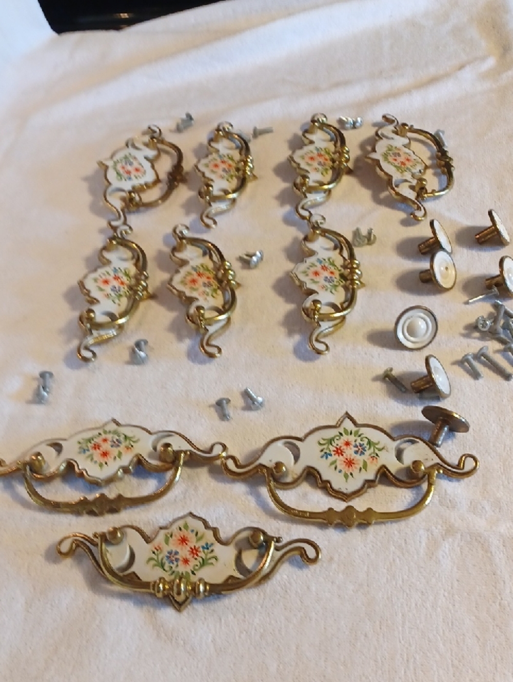 Vintage Floral Porcelain and Brass Drawer Pulls - White & Gold 3 Inch Centers